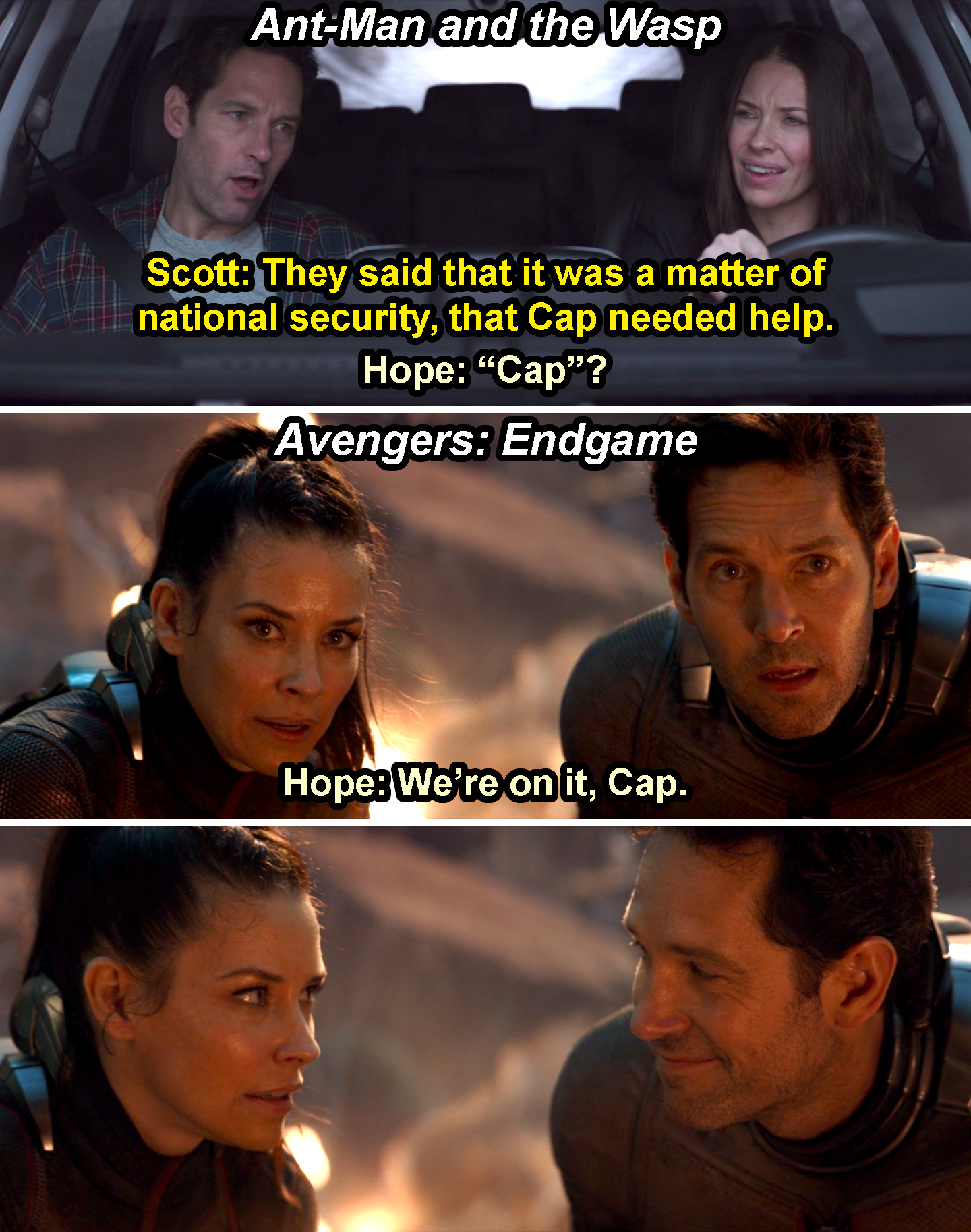 Scott saying, &quot;Cap needed help,&quot; and Hope saying, &quot;Cap?&quot; in Ant-Man and the Wasp, and then Hope saying, &quot;We&#x27;re on it, Cap,&quot; which makes Scott smile at her in Endgame