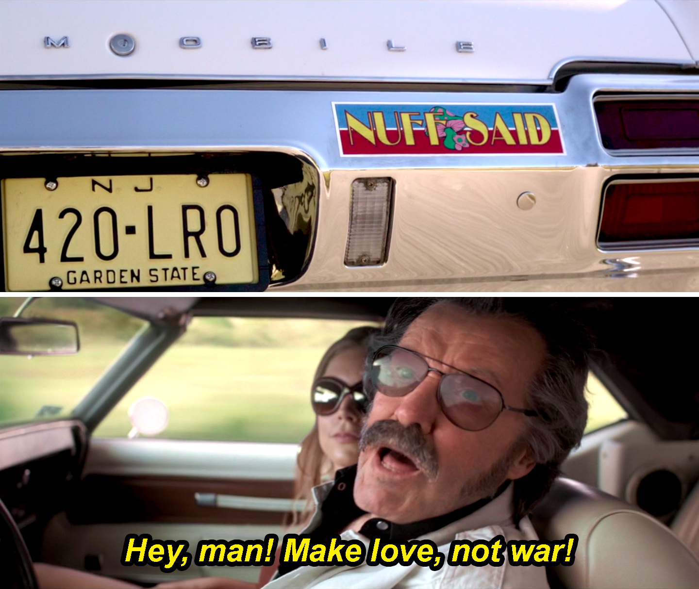 A younger Stan Lee driving a car with a &quot;Nuff said&quot; bumper sticker and yelling, &quot;Hey, man! Make love, not war!&quot;