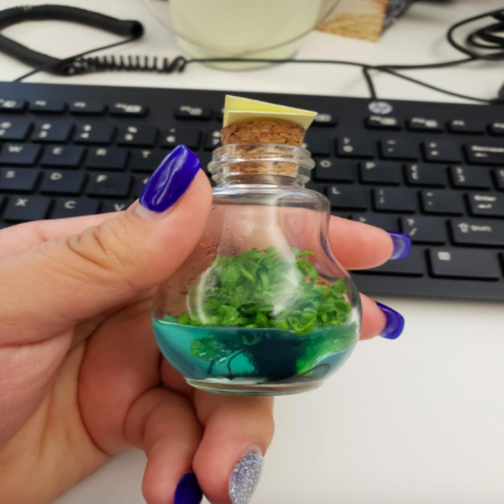 Reviewer holds same Venus flytrap plant in front of black keyboard
