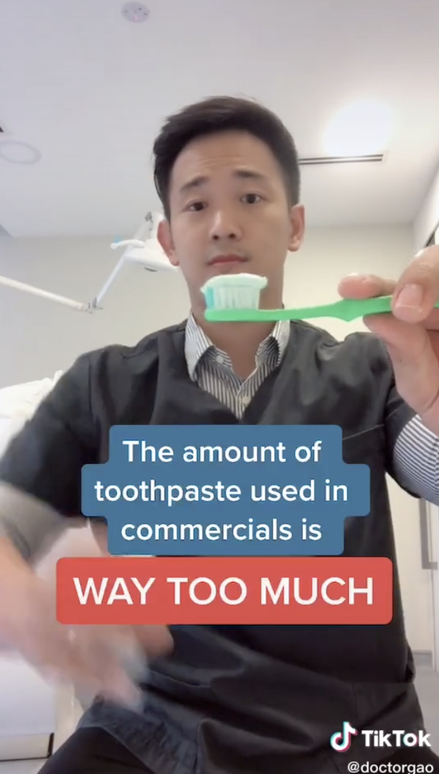 Dr. Gao demonstrating that the amount of toothpaste shown in commercials is way too much.