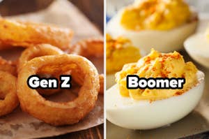 Onion rings and the words Gen Z, and deviled eggs with the word Boomer