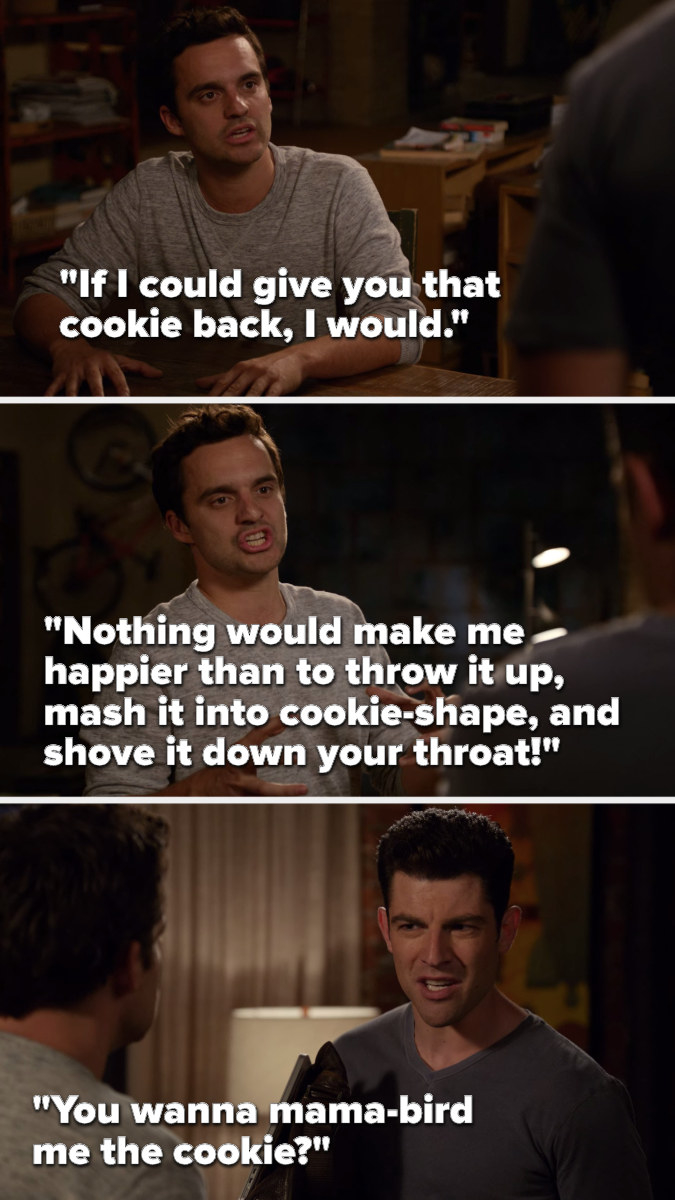 Nick says, &quot;If I could give you that cookie back, I would, nothing would make me happier than to throw it up, mash it into cookie-shape, and shove it down your throat,&quot; to which Schmidt asks, &quot;You wanna mama-bird me the cookie&quot;