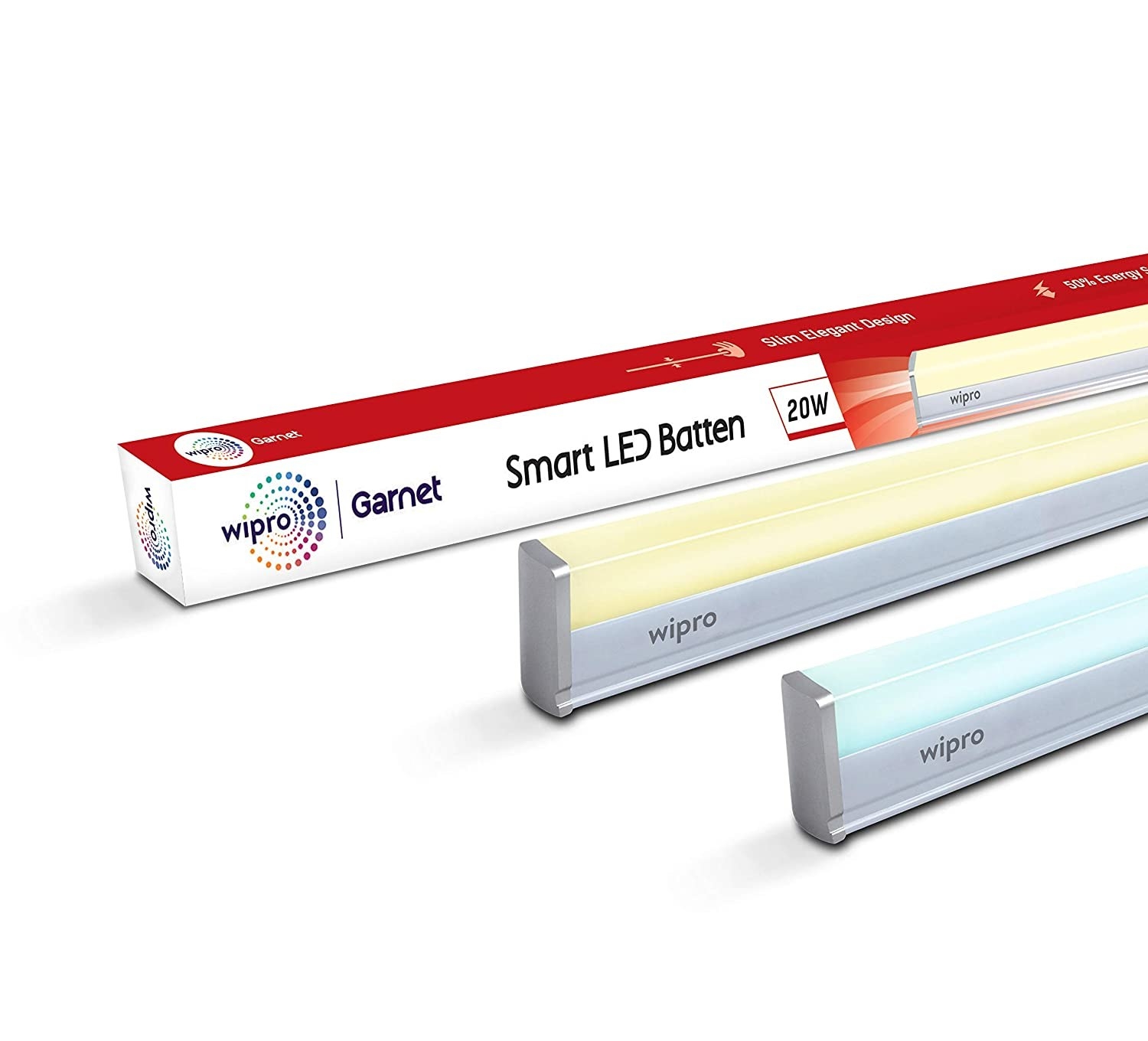 Two Wipro Smart LED Battens next to their box.