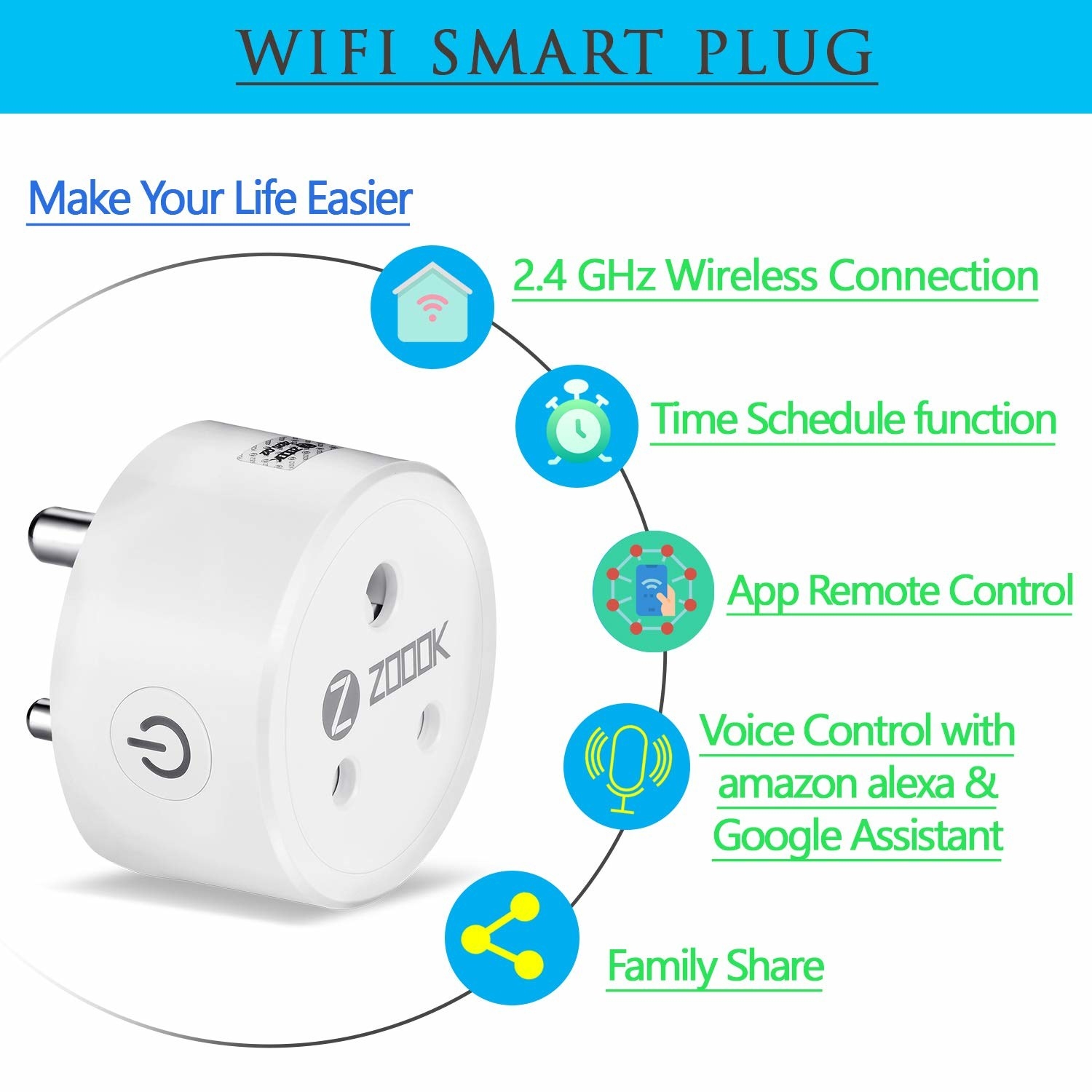 A Zoook smart plug with text that lists features such as &quot;App Remote Control and Voice Control with Amazon Alexa and Google Assistant&quot;
