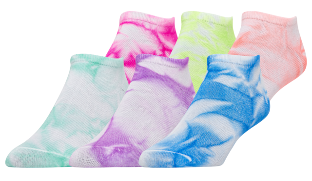 Six socks in teal, purple, blue, hot pink, neon green, and light pink die-dye