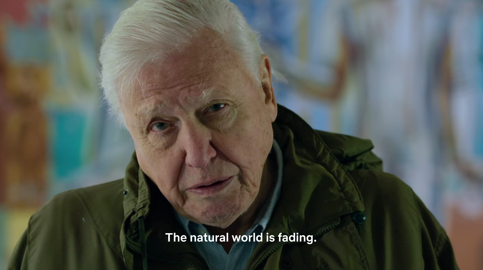 Close up shot of David Attenborough with caption: &quot;The natural world is fading.&quot;