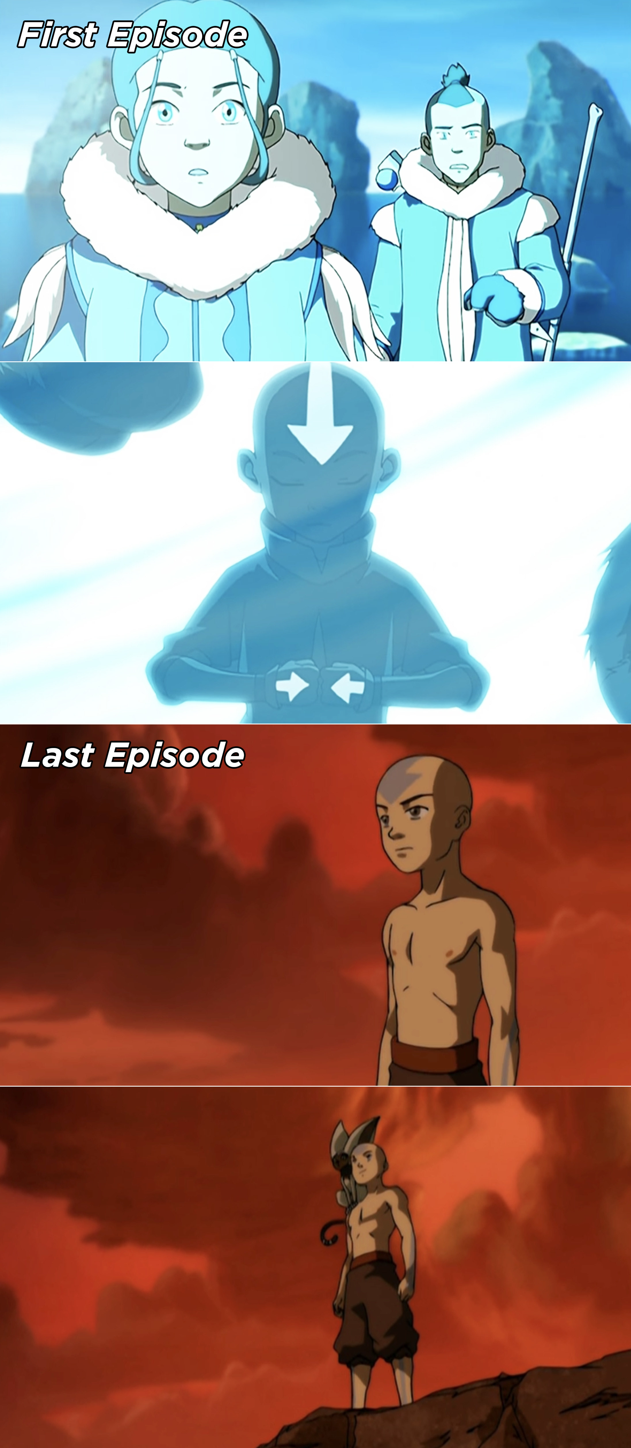 Sokka and Katara finding Aang and then Aang standing during the series finale