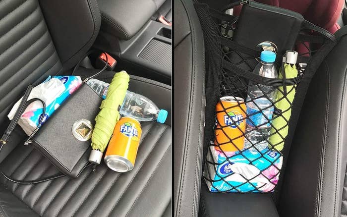 A mess of items on a car seat and the same stuff in an organizer