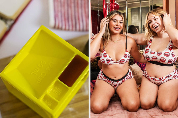 A measuring cube / two models in fang-print underwear