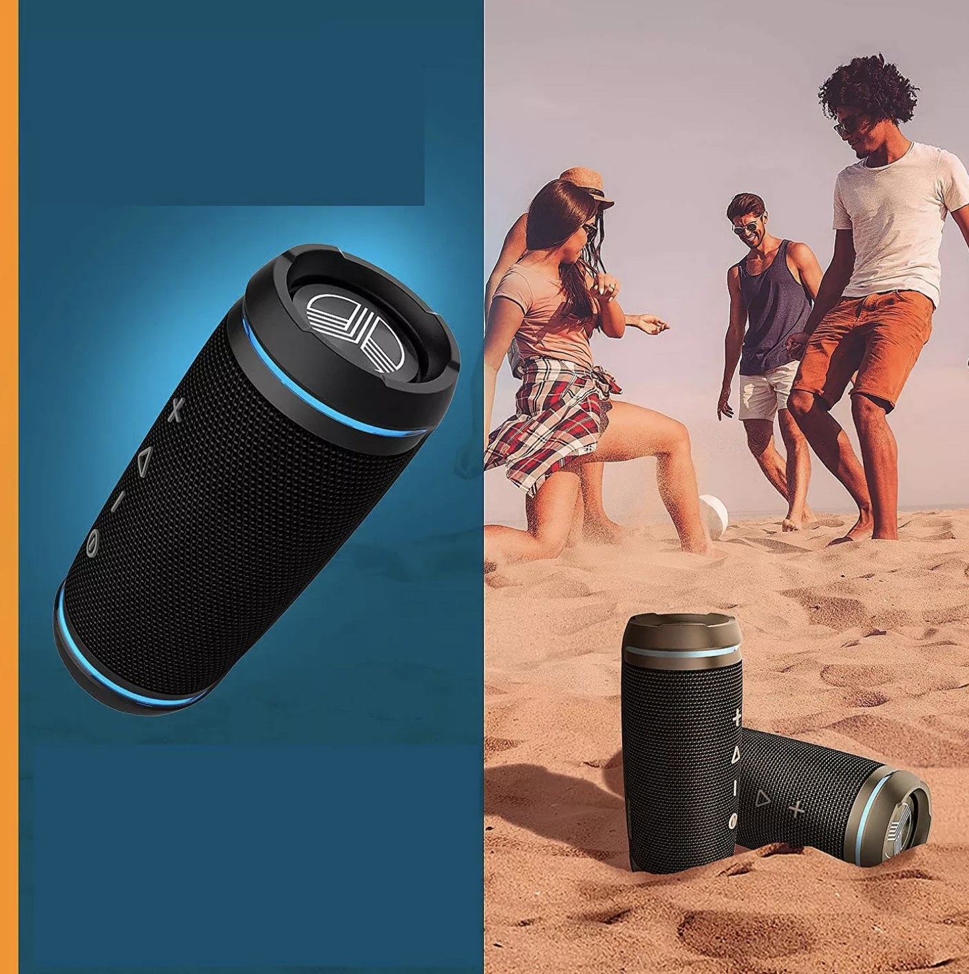A blue tooth speaker in sand near people playing soccer