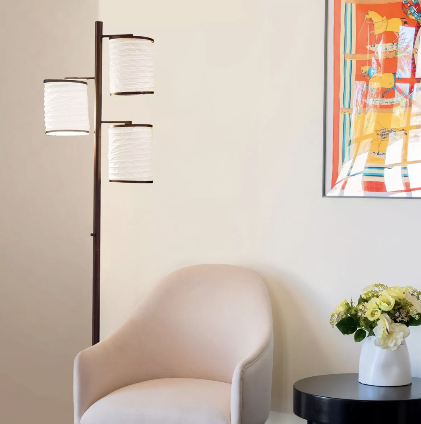 A dimmable Chinese lantern floor lamp in a living space