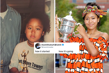 Young Naomi Osaka side by Side with her holding up her trophy from the US Open