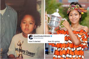 Young Naomi Osaka side by Side with her holding up her trophy from the US Open