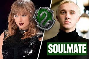 Taylor Swift and Draco Malfoy dressed in black like they're in slytherin 