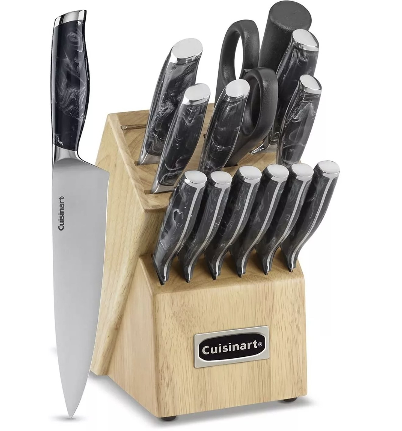 A knife block set with black marble handles