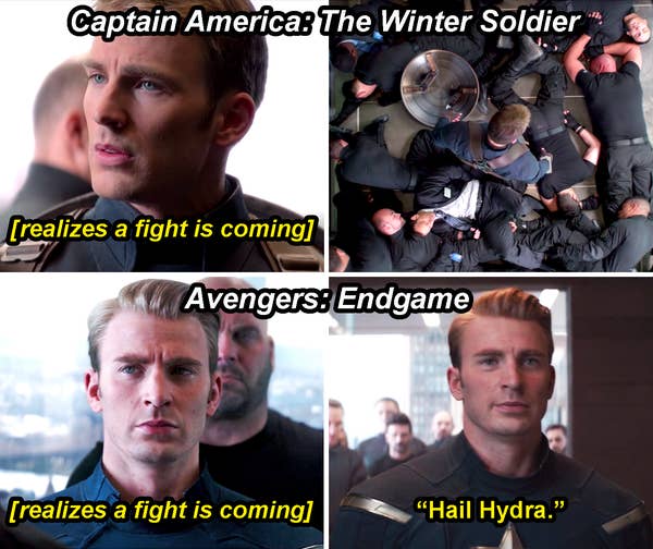 Steve realizing a fight is coming in Winter Soldier and knocking out everyone in the elevator versus him realizing a fight is coming in Endgame and saying, &quot;Hail Hydra,&quot; to get out without fighting