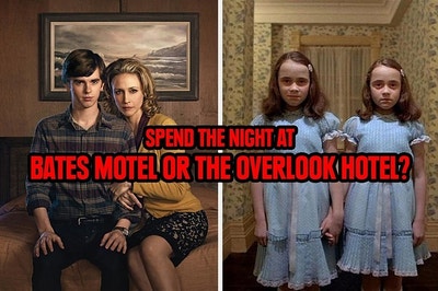 Norman Bates and his mother and the Shining twins inviting you to their hotels