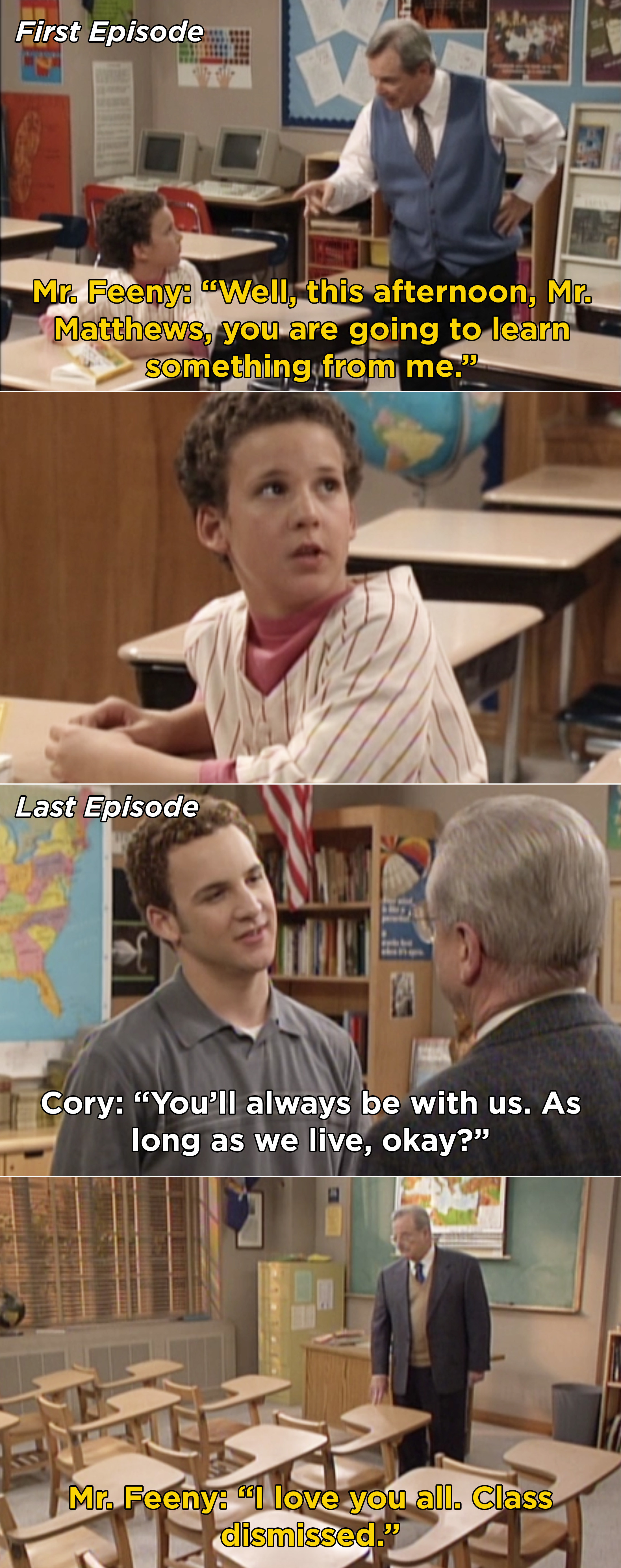 Mr. Feeny telling a young Cory he&#x27;ll learn something from him, then Cory saying goodbye to Mr. Feeny in the series finalev