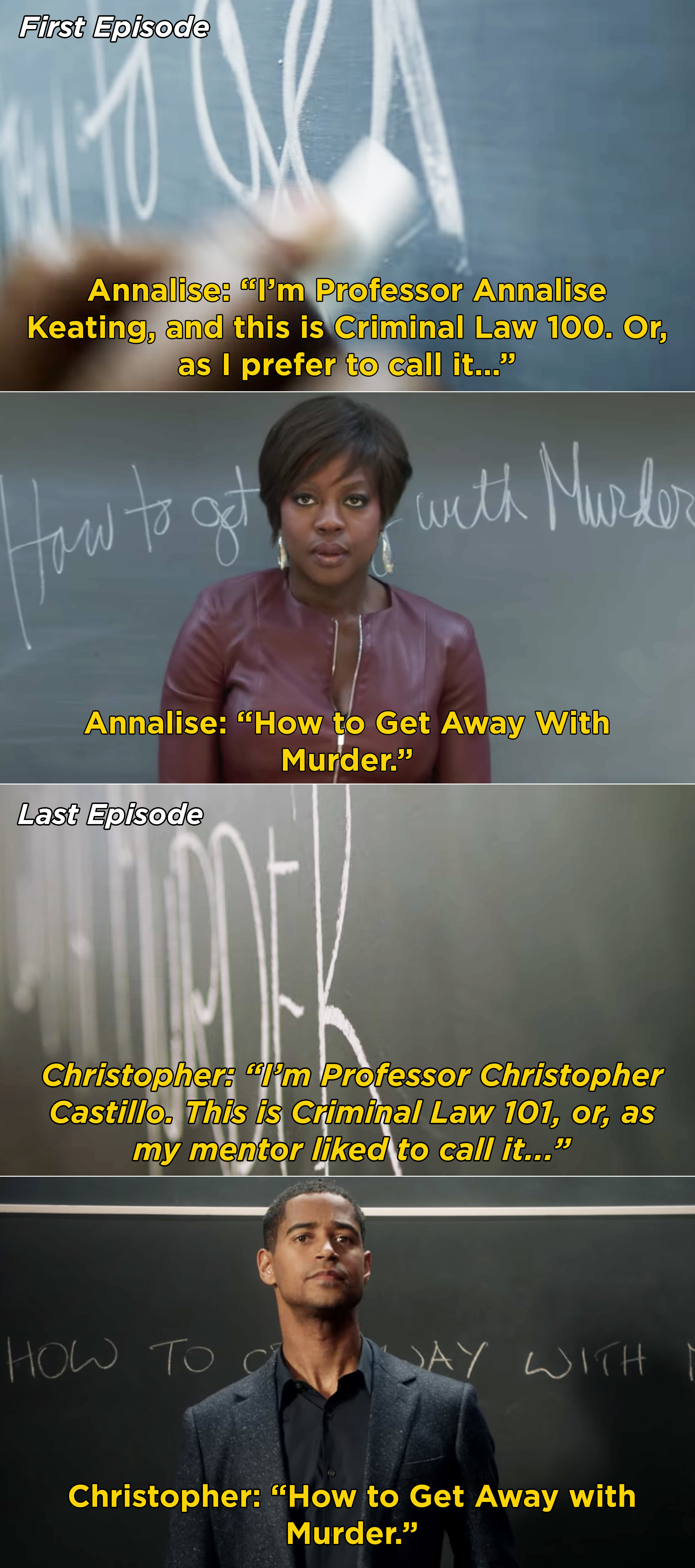 Annalise teaching her first class vs. Christopher now teaching the class in the series finale