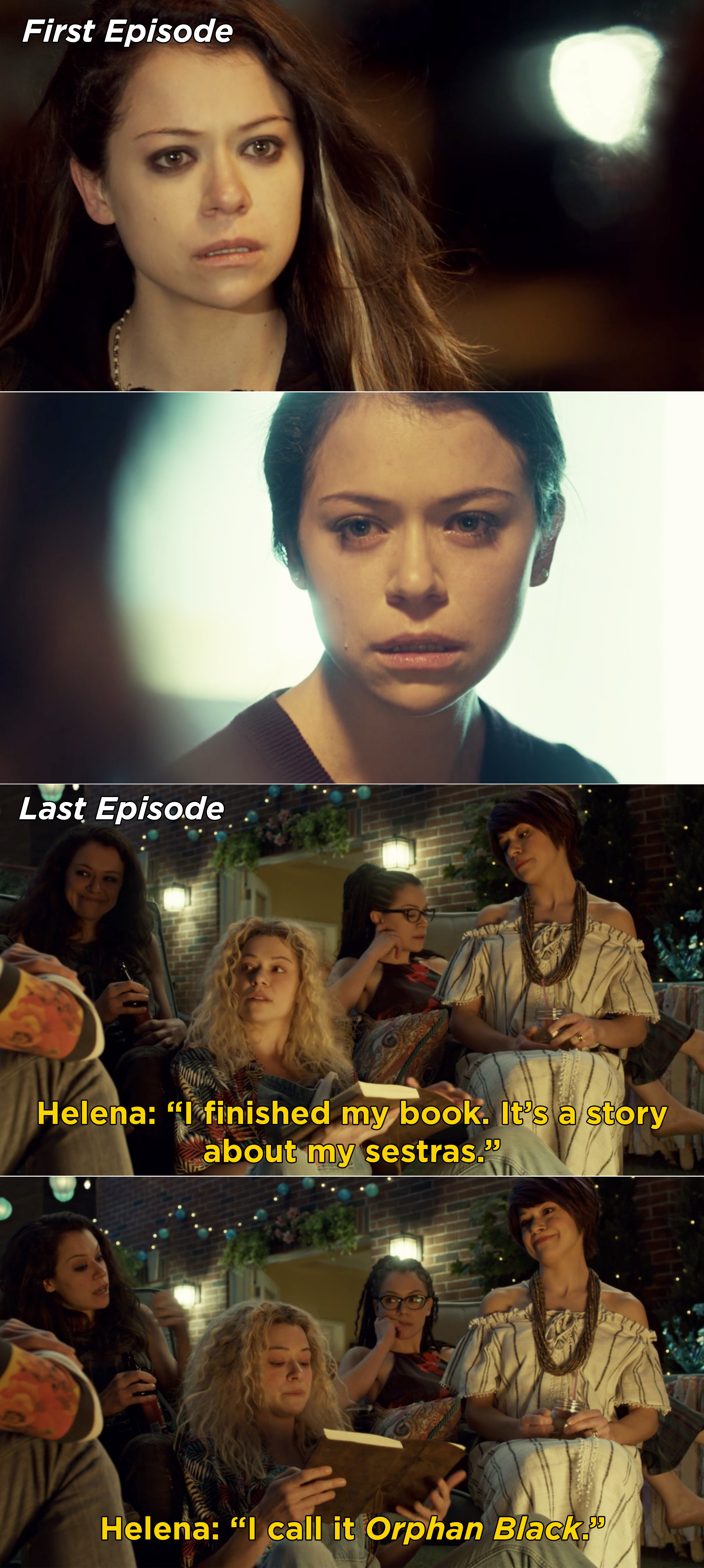 Sarah seeing Beth for the first time, and then Helena telling her sestras that her book is called &quot;Orphan Black&quot;