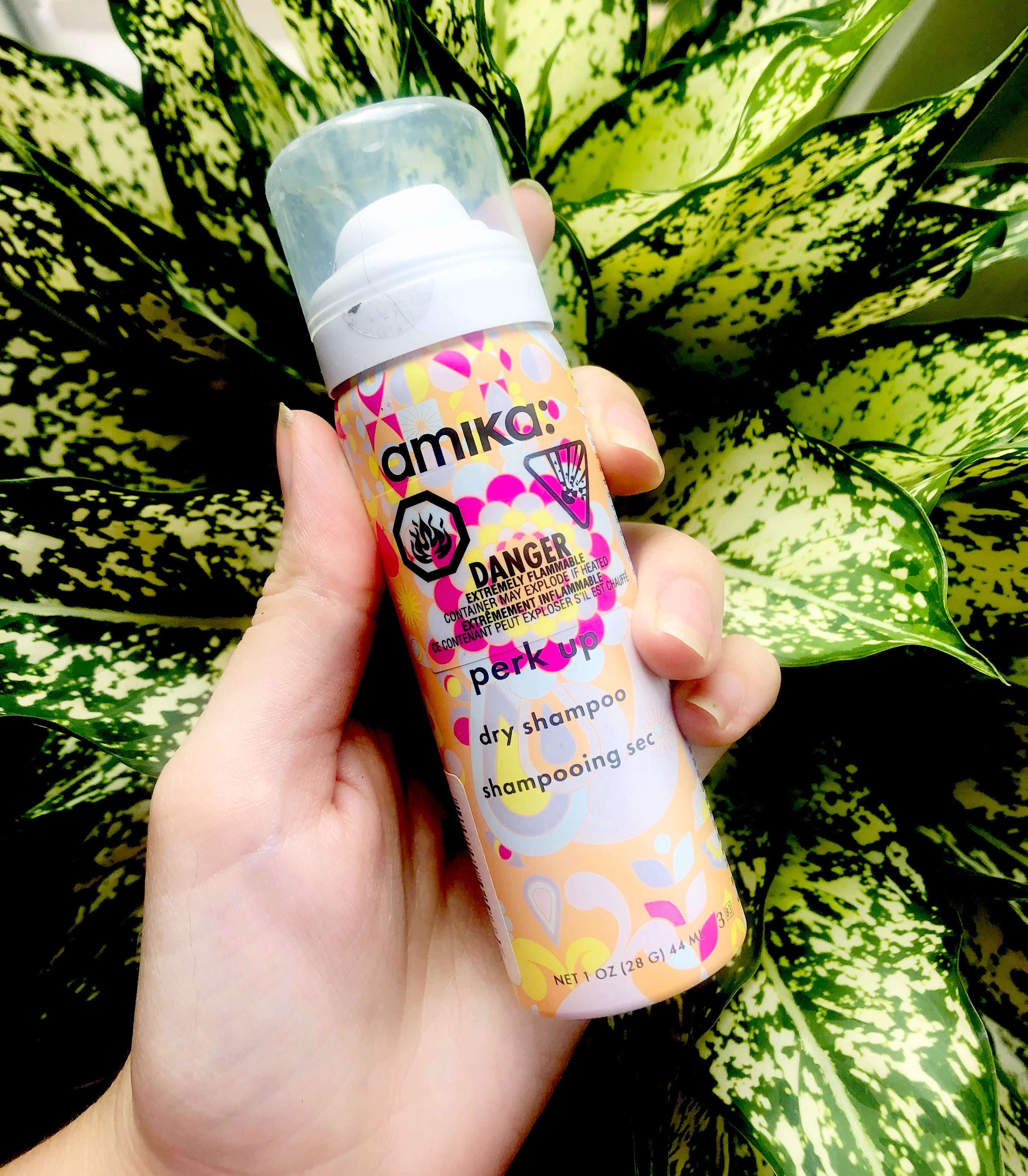 A person holding a bottle of dry shampoo