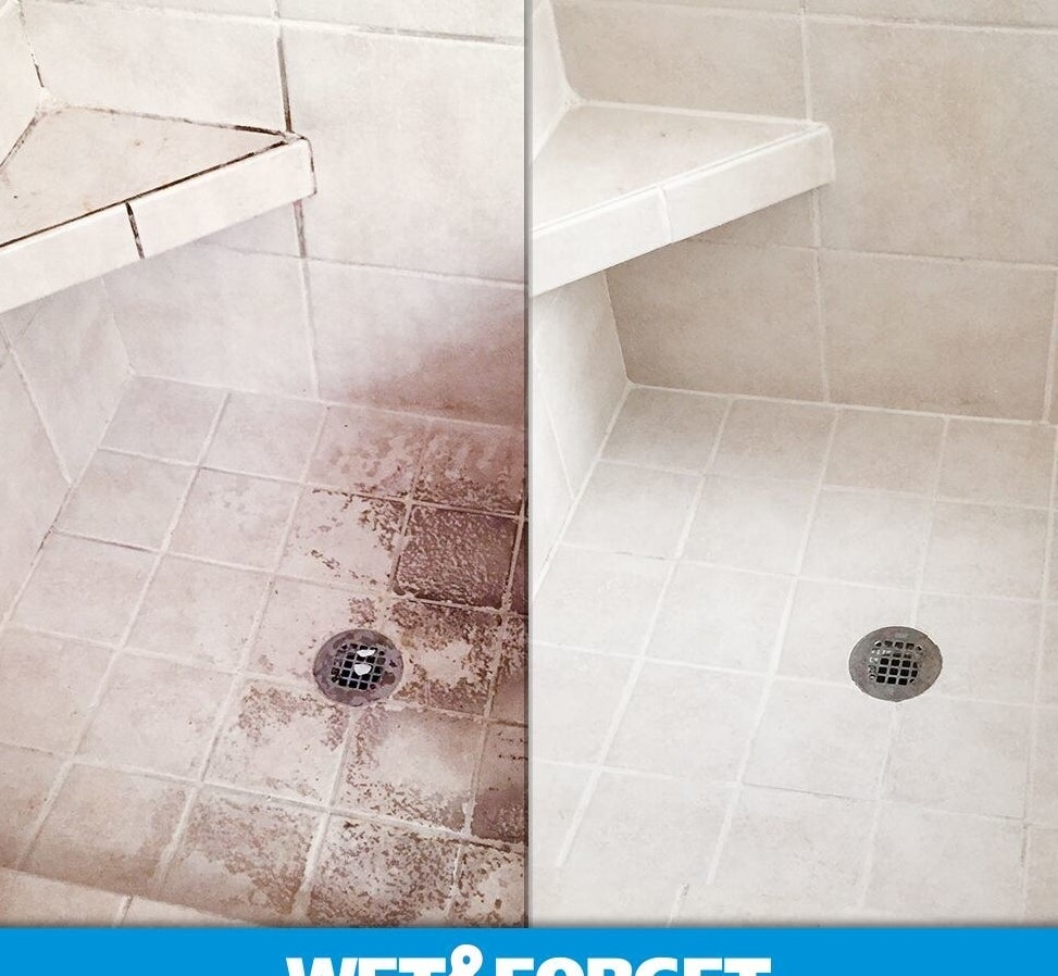 On left, a shower with mold and hard water stains; on right, the same shower, after being treated with the cleanser, free of stains