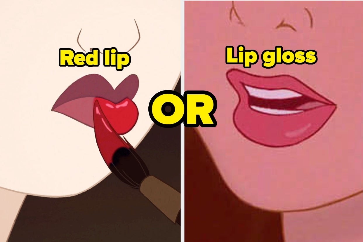Mulan&#x27;s lips with the words &quot;red lip&quot; and Belle&#x27;s lips with the words &quot;lip gloss&quot;