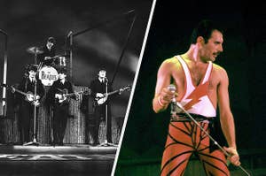 The Beatles performing next to a close-up of Freddie Mercury singing