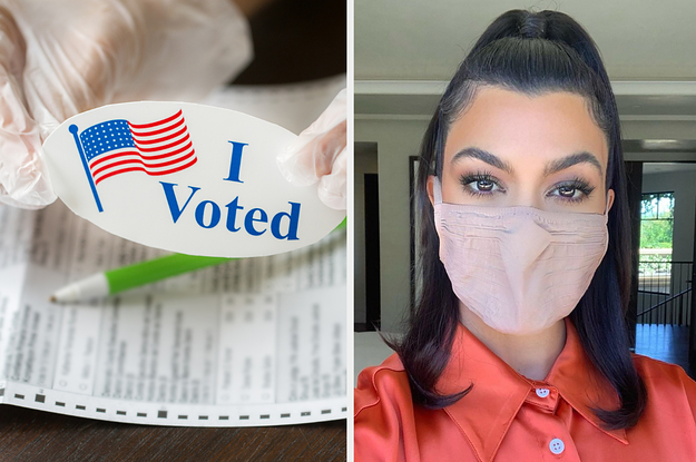 An I voted sticker next to Kourtney Kardashian in a face mask