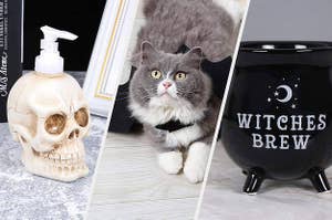 A split screen with a skull shaped soap dispenser a cat wearing bat wings and a mug that says witches brew