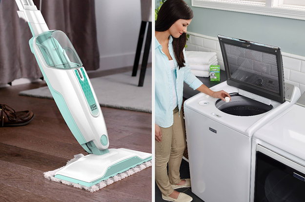 to the left: a steam mop, to the right: a model using a tablet in her washing machine