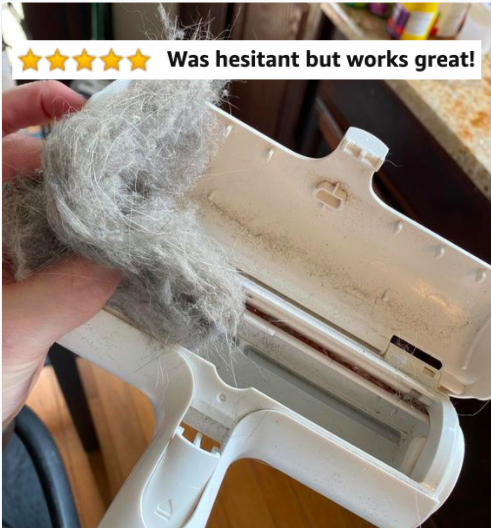 Reviewer pulling fur out of the removal tool with five-star caption &quot;was hesitant but works great!&quot;