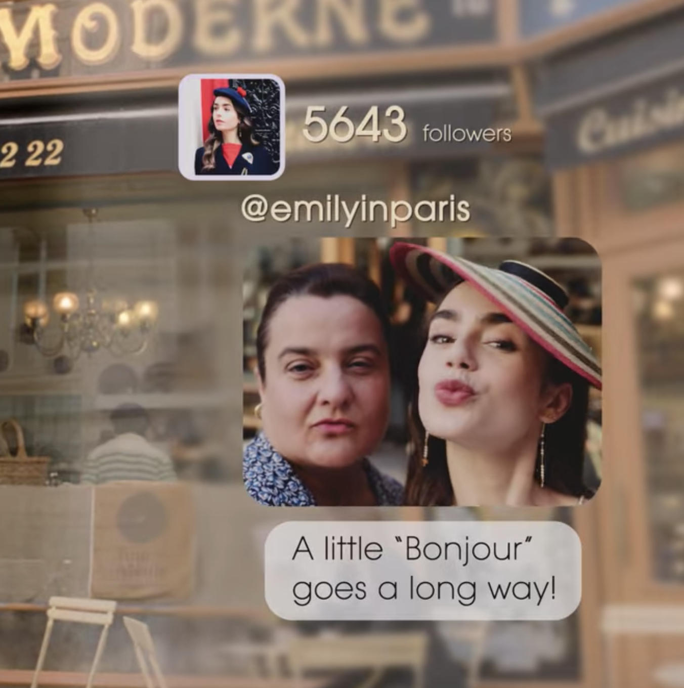 A selfie of Emily and the woman who works at the bakery that&#x27;s captioned, &quot;A little &#x27;Bonjour&#x27; goes a long way!&quot;