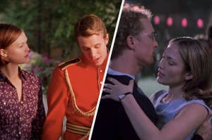 Movie scene where Julia Stiles' character walks next to a man wearing a royal uniform, paired with movie scene where Matthew McConaughey's character is dancing with Jennifer Lopez 