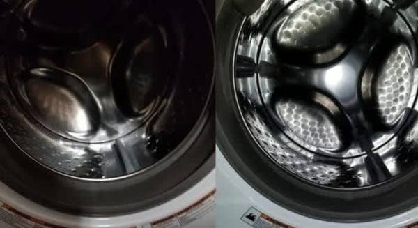 On the left, the inside of a reviewer&#x27;s washing machine looking dirty, and on the right, the same reviewer&#x27;s washing machine now looking clean