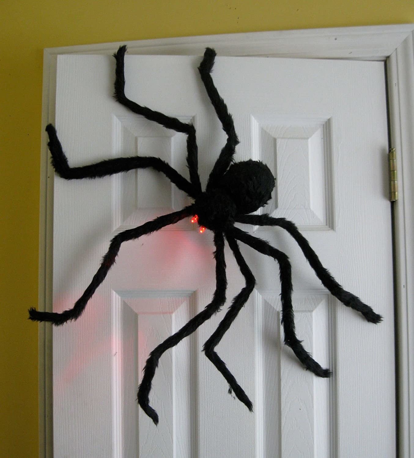 giant black spider on white doorway 