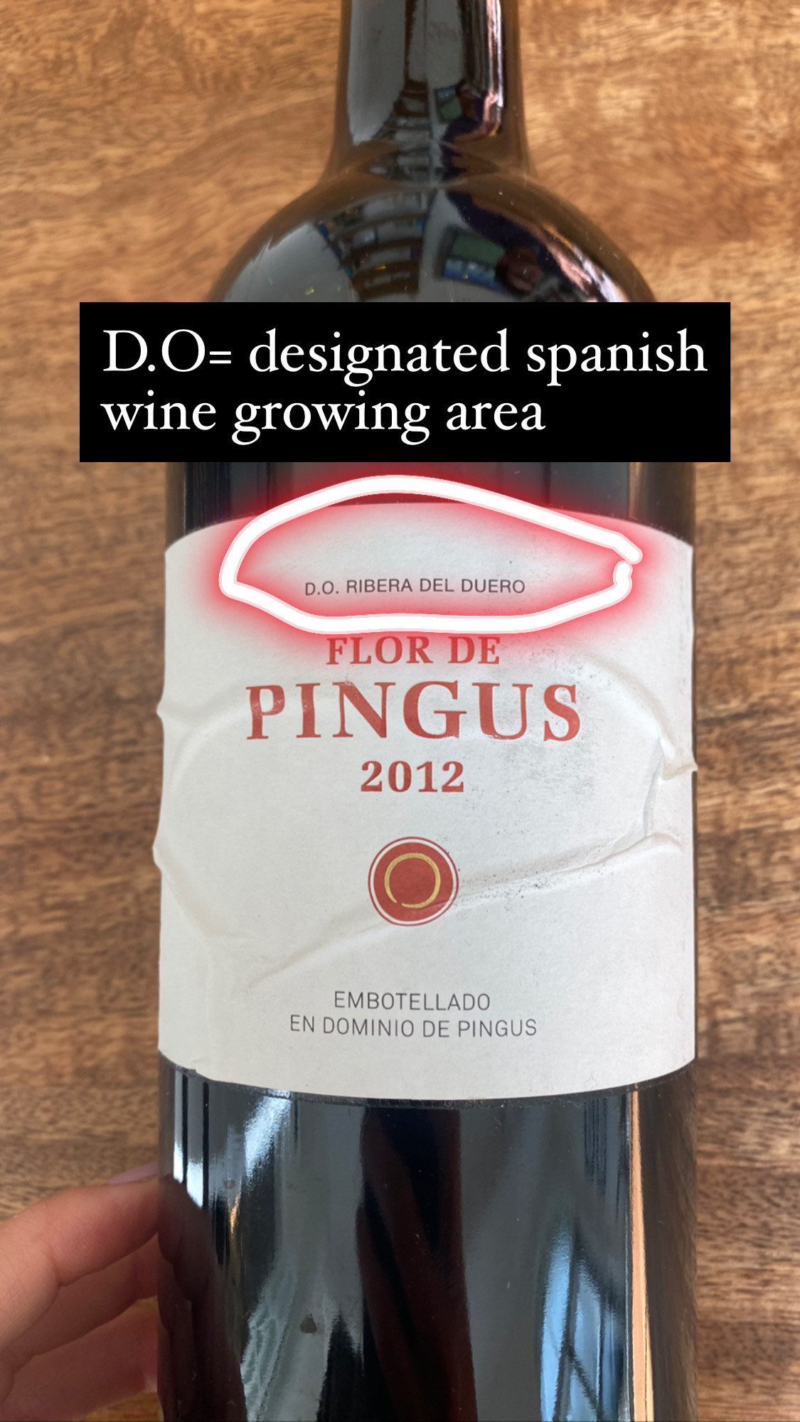 A bottle of Flor de Pingus from D.O Ribera del Duero.