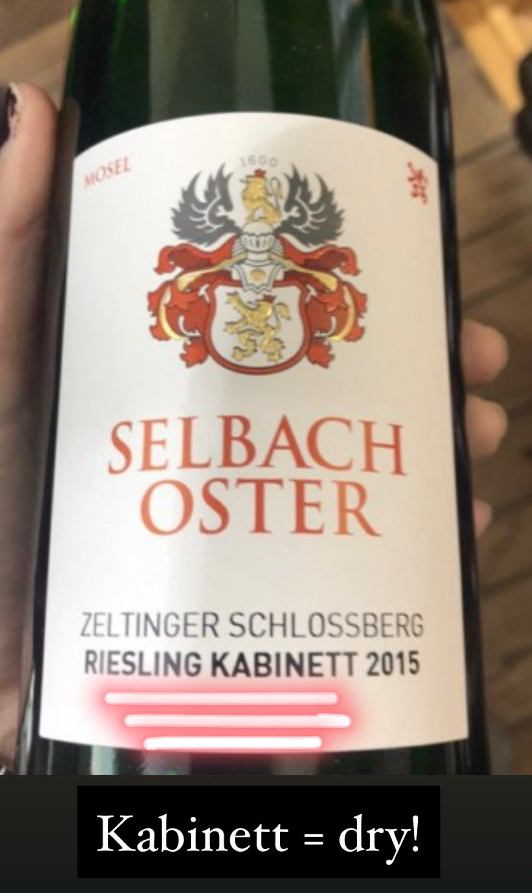 A bottle of Kabinett (dry) Riesling from Mosel, Germany.