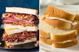 Side-by-side images of a pastrami sandwich and a fluffernutter