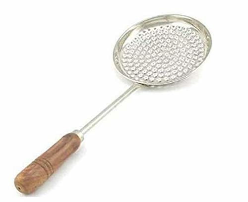Stainless steel strainer with a wooden handle.