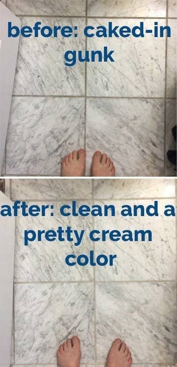 A before and after photo of BuzzFeed Editor, Natalie Brown's tiles looking clean and gunk-free after using the power scrubber