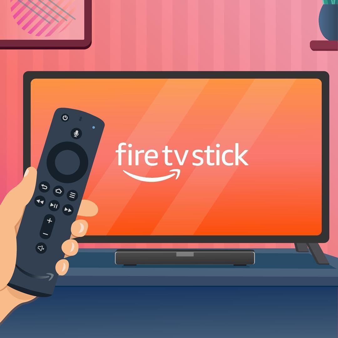 A drawing of the fire stick remote and a TV 