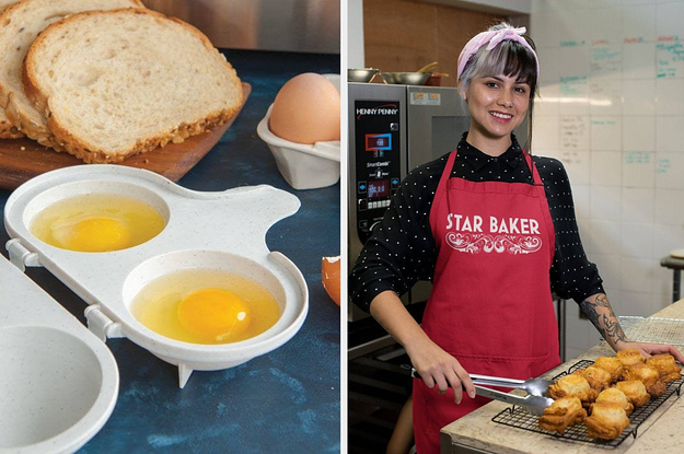 to the left: two eggs in a microwave poacher, to the right: a model wearing a red