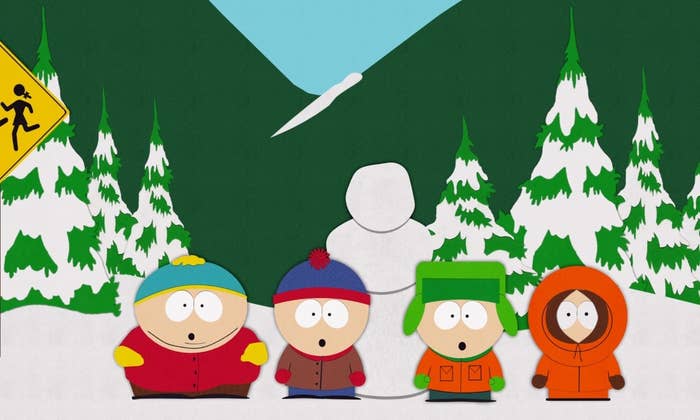 Cartman, Stan, Kyle, and Kenny at bus stop