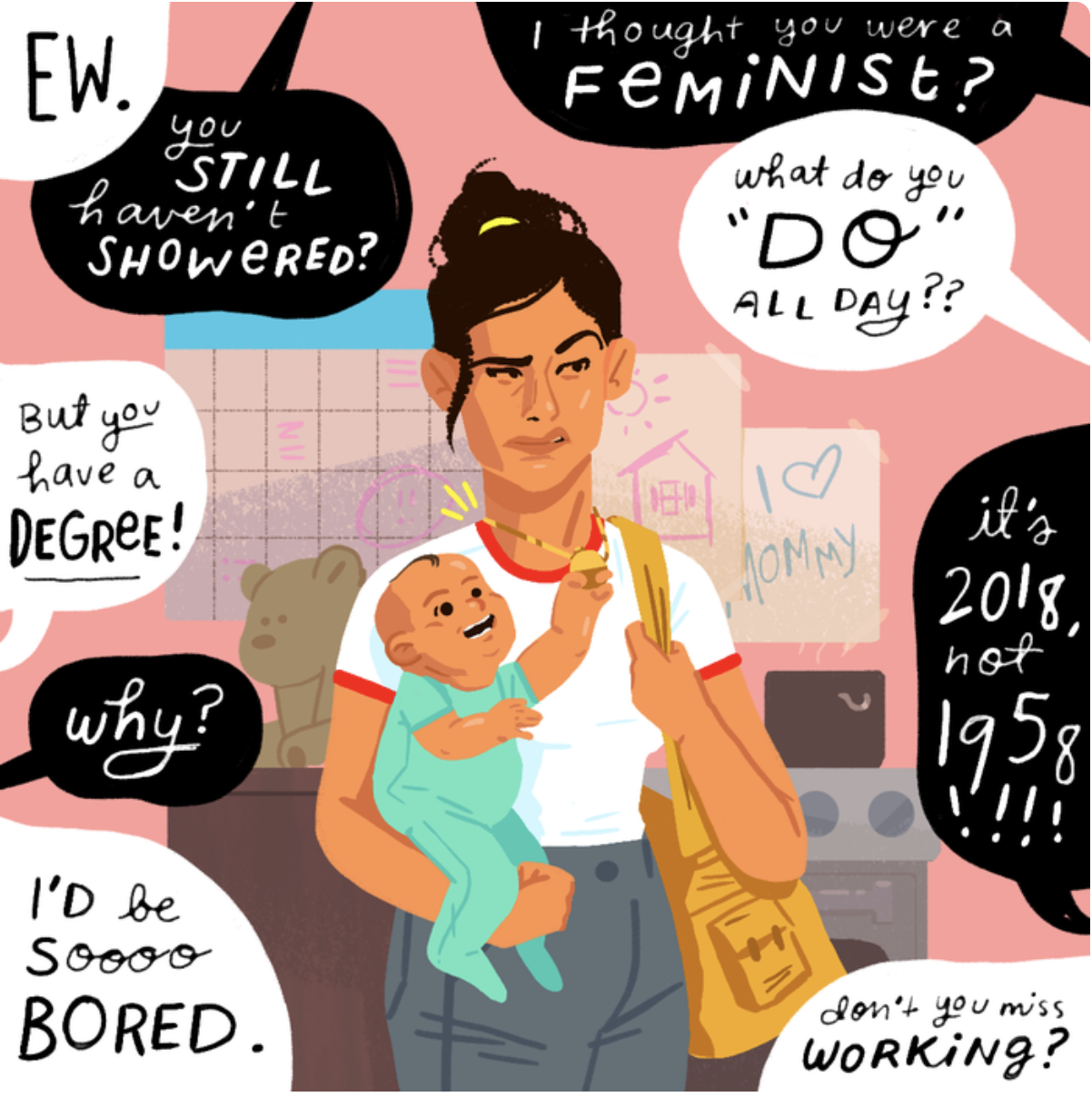 A woman holds a baby and judged by others