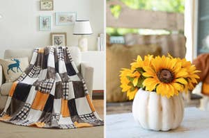 to the left: a brown, white, orange and plaid throw blanket, to the right: a white pumpkin vase with sunflowers in it