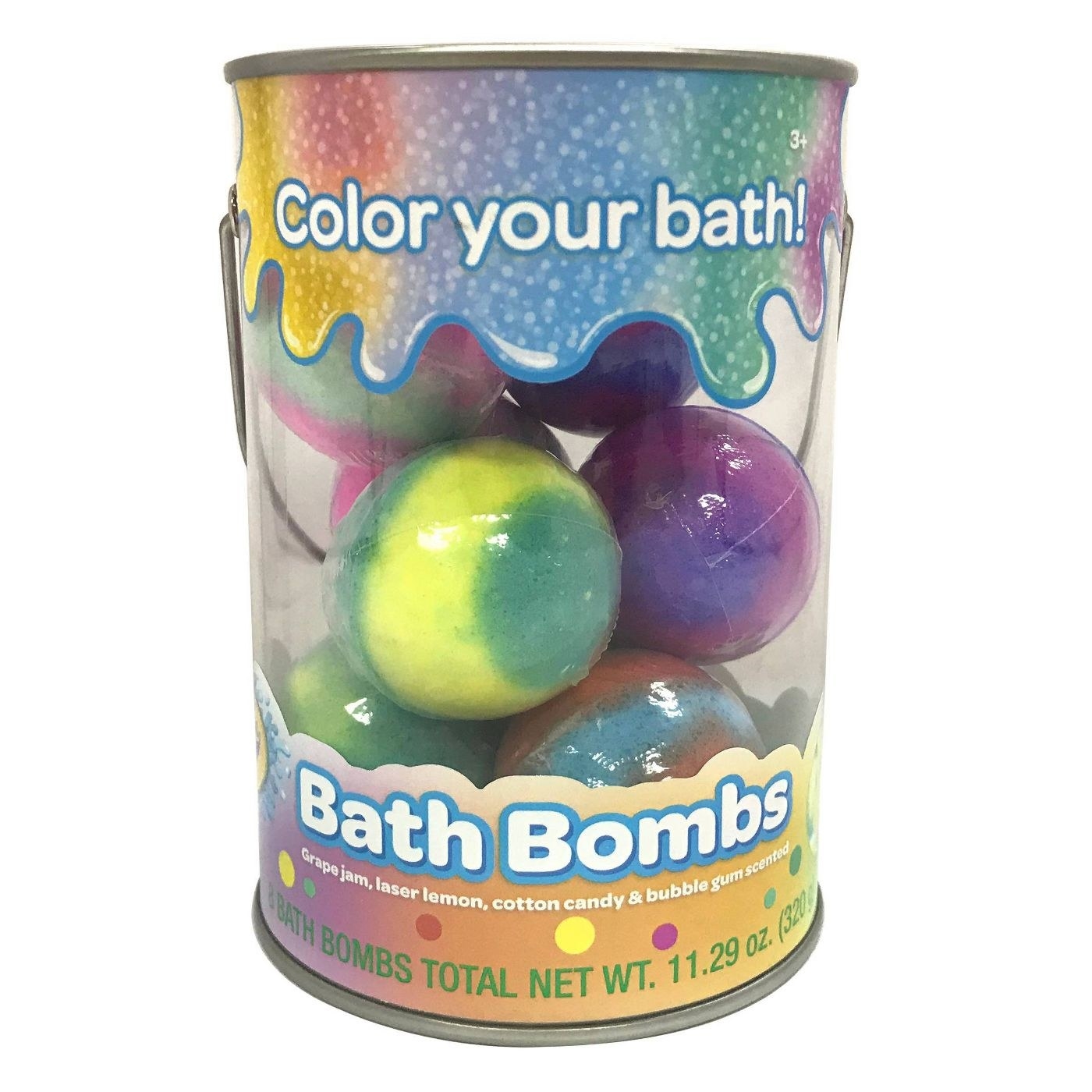 Colorful bath bombs in red and blue, green and yellow, and pink and purple