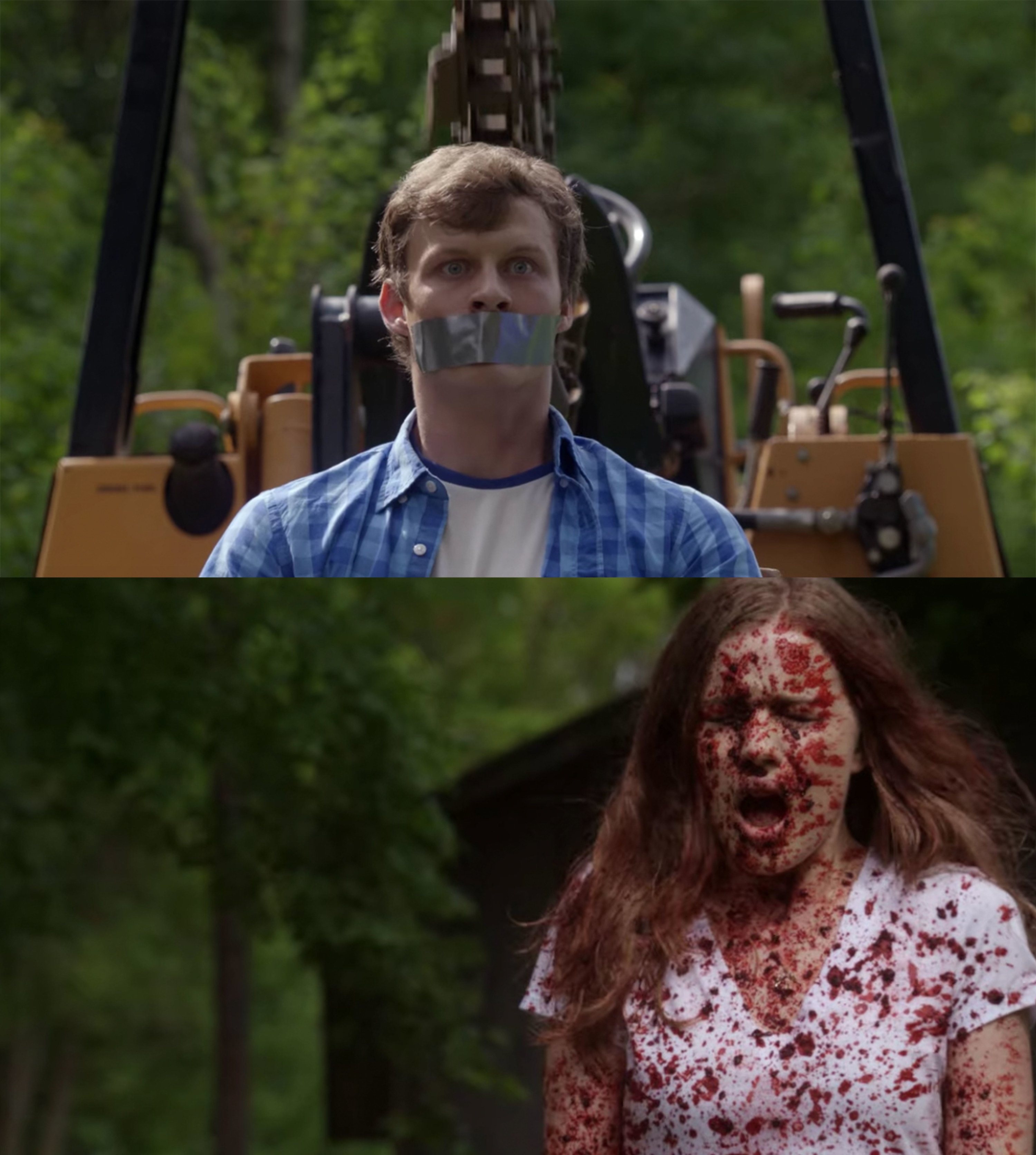 Will is killed with a trencher saw, his blood splatters all over Emma