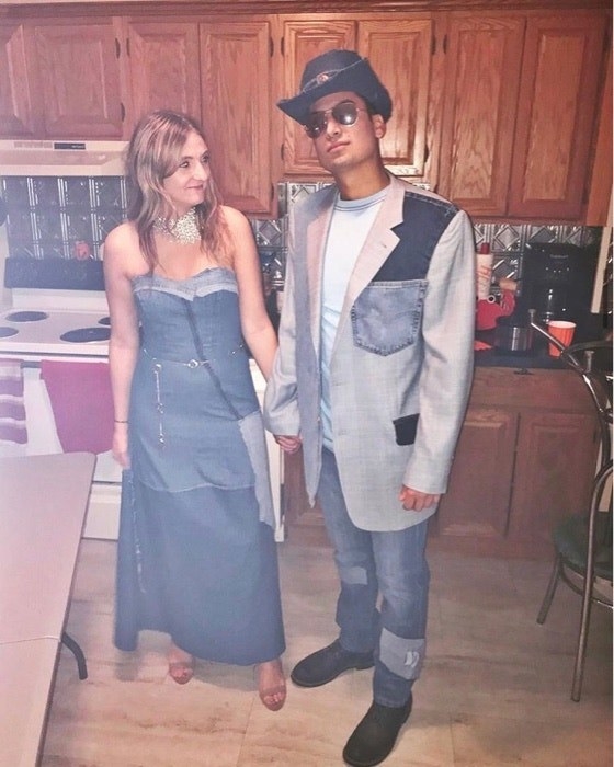 Two people dressed in all-denim, perfectly matching Britney Spears and Justin Timberlake&#x27;s 2001 red carpet look
