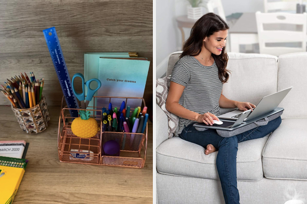 On the left, gold metal desk organizer with pens, pencils, a pineapple stress toy, and a ruler. On the right, model sits with gray laptop desk on couch